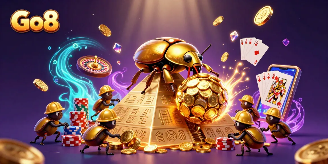 Experience the thrill of Go8 with a golden dung beetle rolling coins at a vibrant online casino!