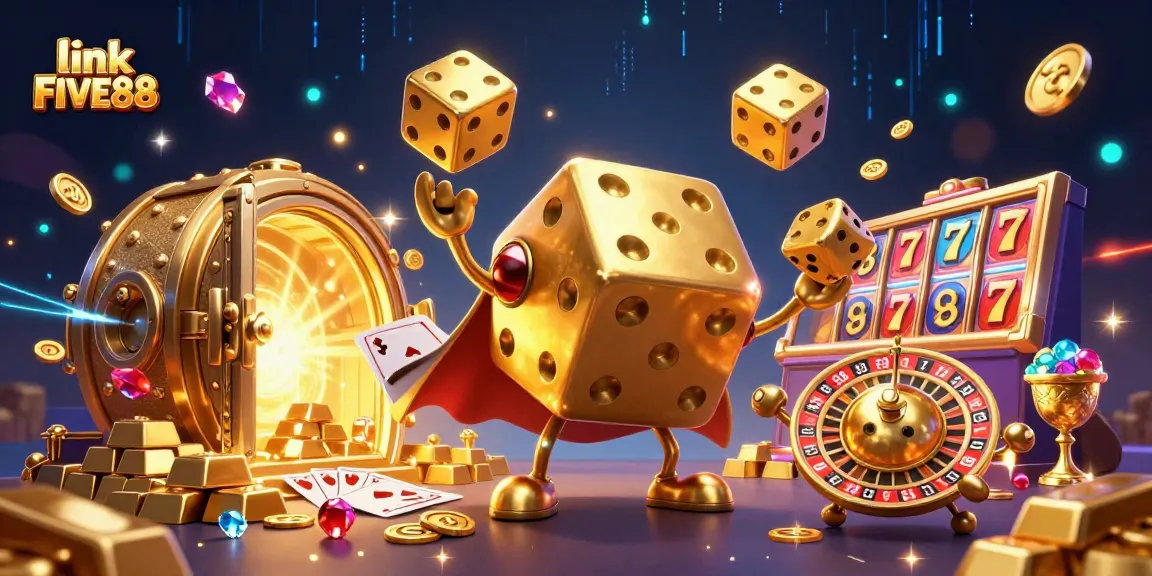Experience the excitement of link FIVE88 with 3D animated casino elements featuring golden dice and jackpot items.