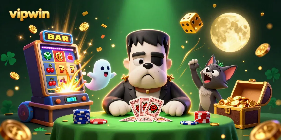 Experience thrilling gaming action at vipwin with a 3D cartoon scene of a bulldog dealer, jackpot machine, and vibrant casino symbols.