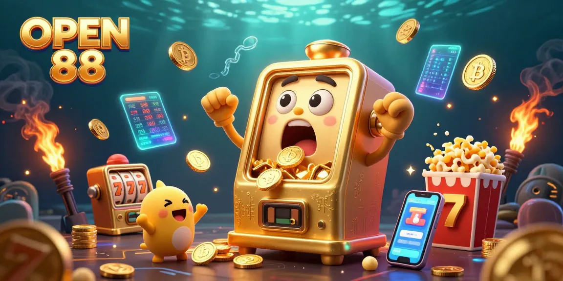 Engage with dynamic gaming elements at OPEN 88 featuring a golden slot machine celebrating a jackpot amidst exciting crypto visuals.