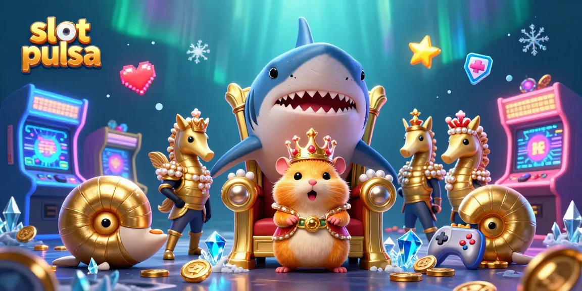 Experience thrilling wins with slot pulsa featuring a golden hamster king and arcade elements in a vibrant casino scene.