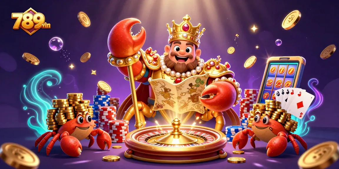 Play thrilling casino games at 789win, featuring a royal crab emperor amid coins and roulette action.