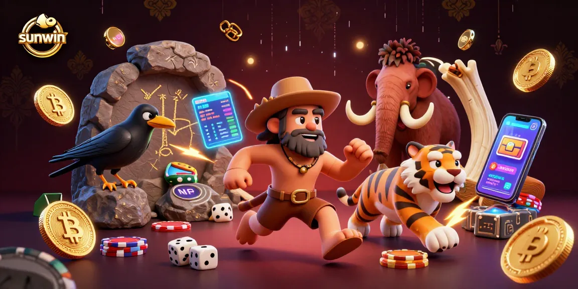 Engage with sunwin casino adventures featuring a caveman and tiger at an ancient gaming scene.