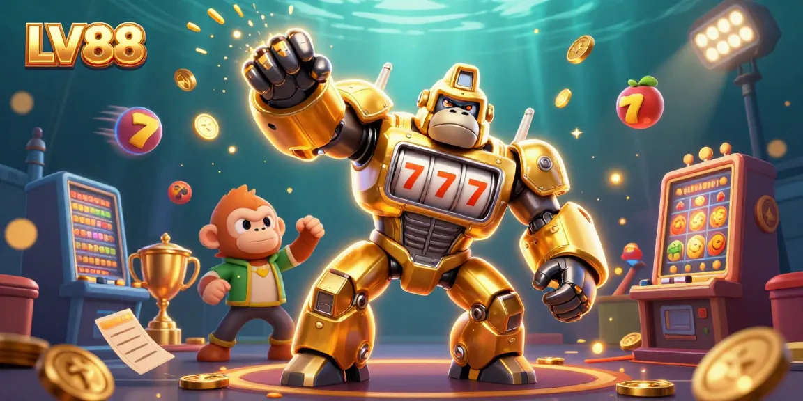 Experience exhilarating gameplay at LV88 with a golden gorilla mech amid lively slot symbols.