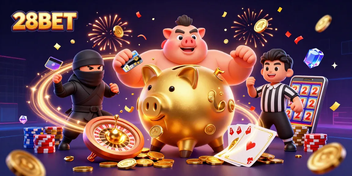 Experience thrilling gameplay at 28BET with dynamic characters, cascading coins, and vibrant casino action.