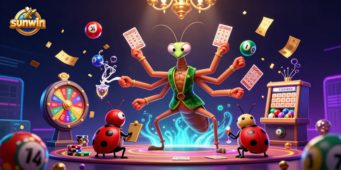 Experience the excitement at sunwin with an animated illustration of a giant praying mantis card sharp and colorful game elements.