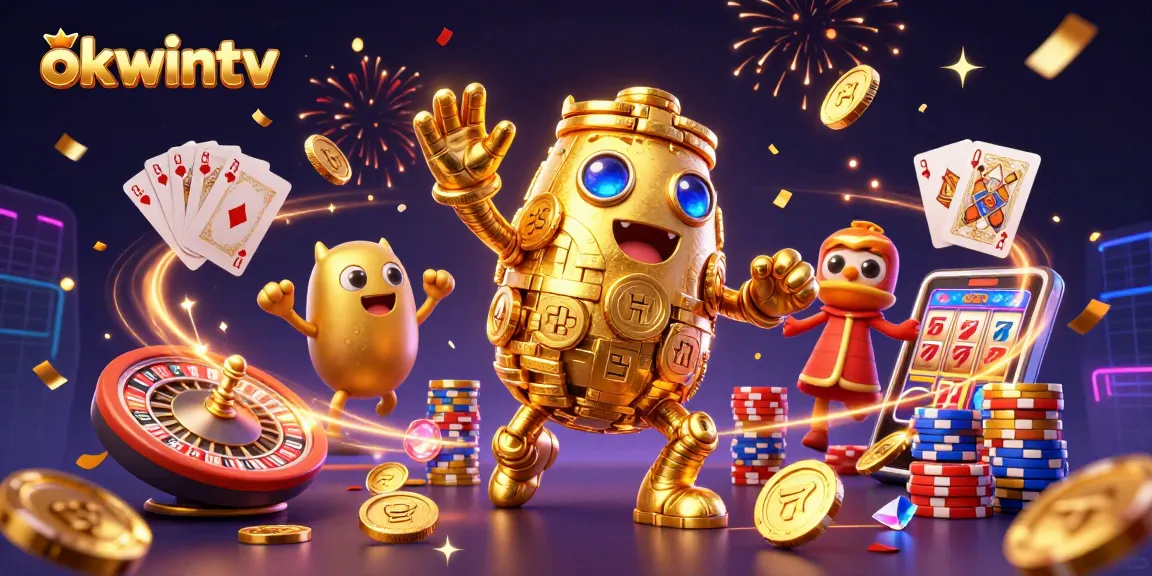 Experience the thrill of slots with okwintv, featuring a golden golem amidst a festive casino backdrop.