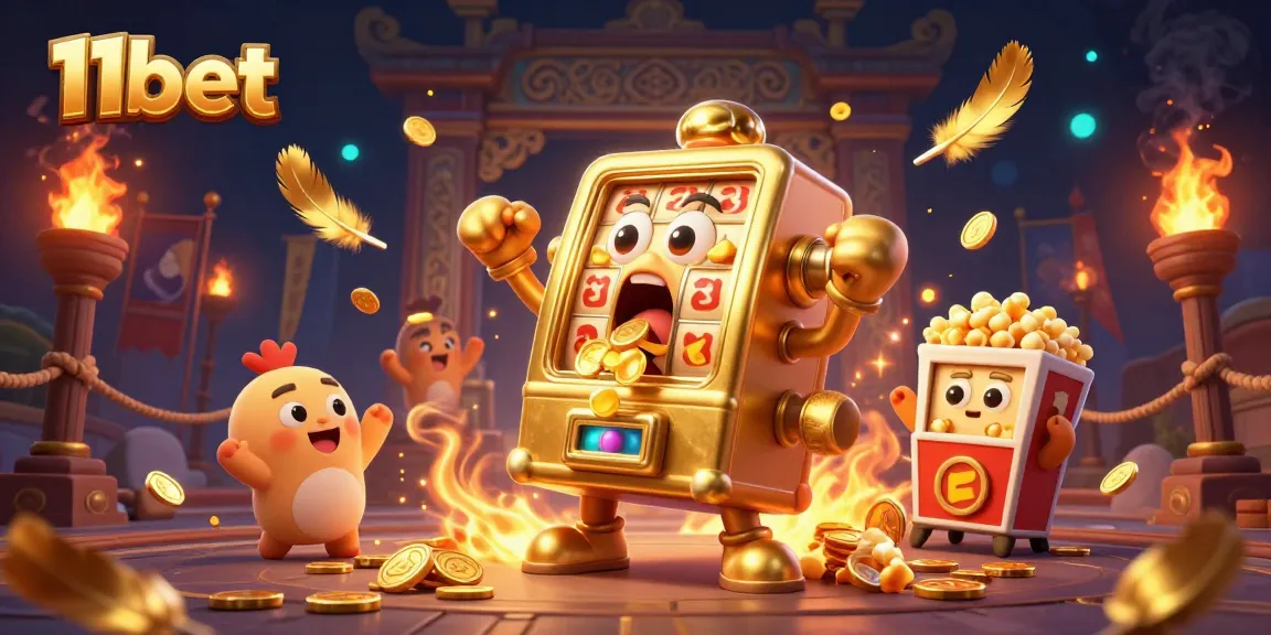 11bet slot machine hits a jackpot with coins overflowing, surrounded by cheering smaller machines.
