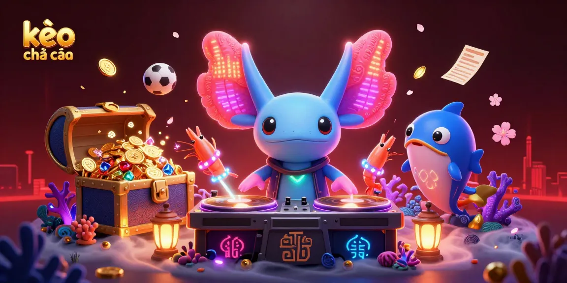 Engaging scene featuring kèo nhà cái with neon-colored axolotl DJ, sports elements, and glowing underwater atmosphere.
