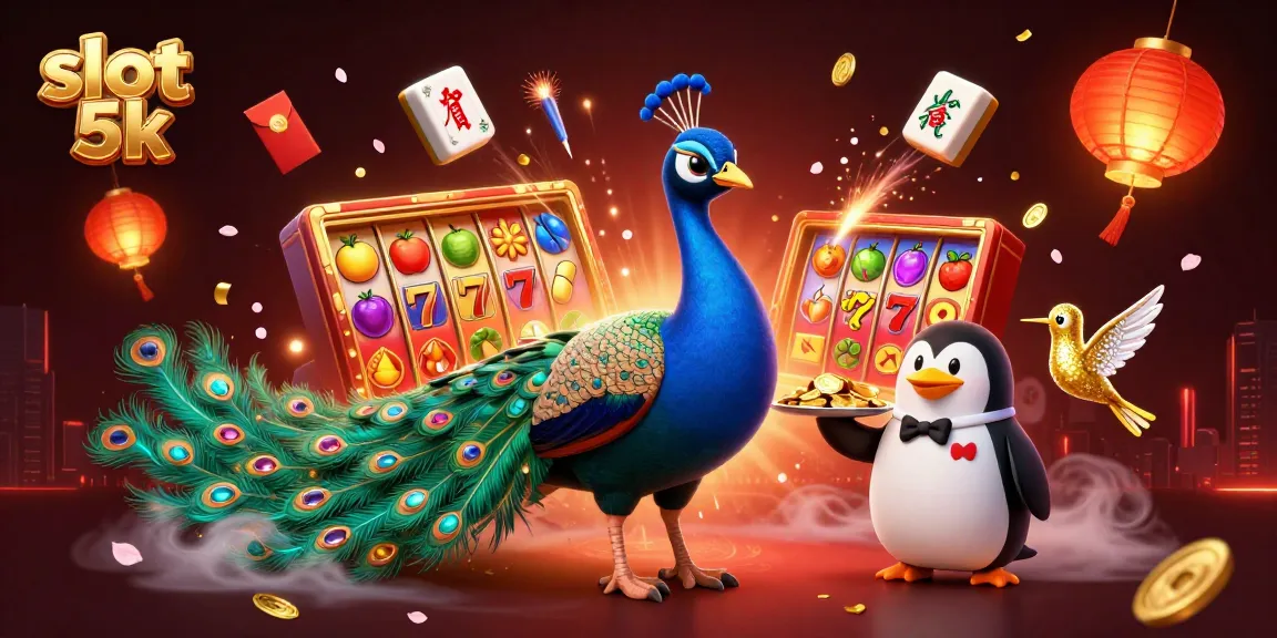 Experience the thrill of slot 5k gaming with a vibrant illustration of a peacock and penguin in a festive casino setting.
