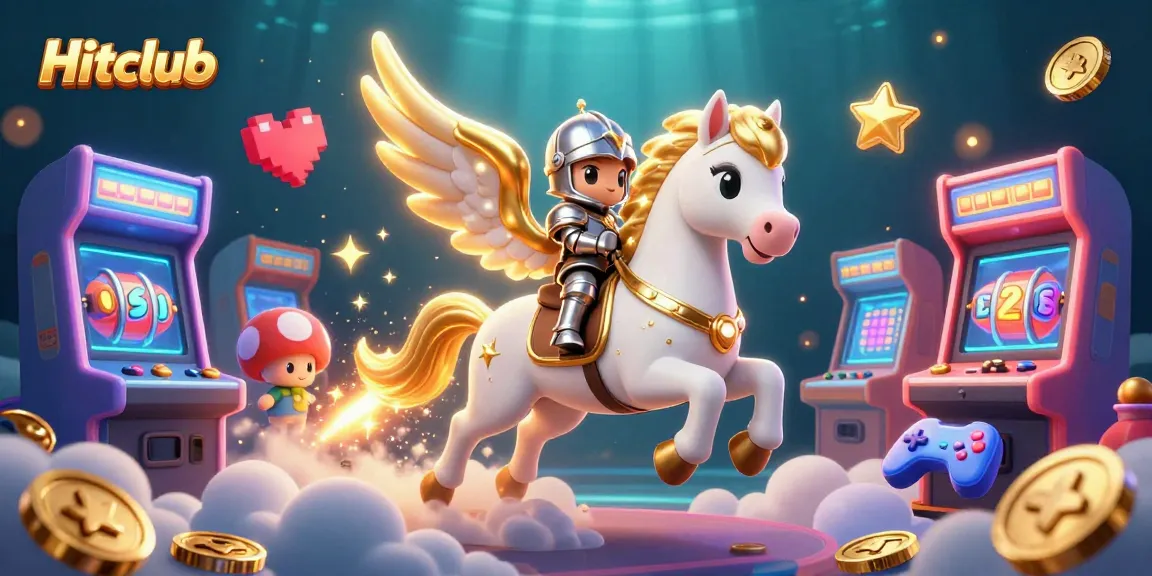 Hitclub's captivating 3D illustration showcases vibrant slots, coins, and characters immersed in a dynamic casino world.