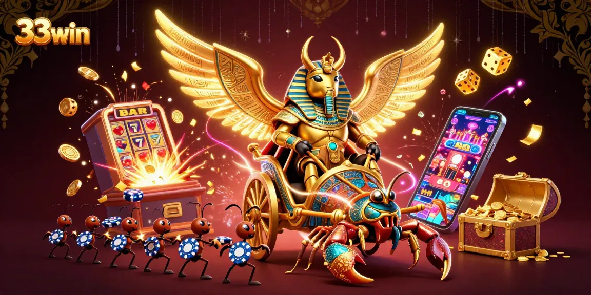 Experience the thrill at 33win with a vibrant 3D illustration featuring exciting casino elements.