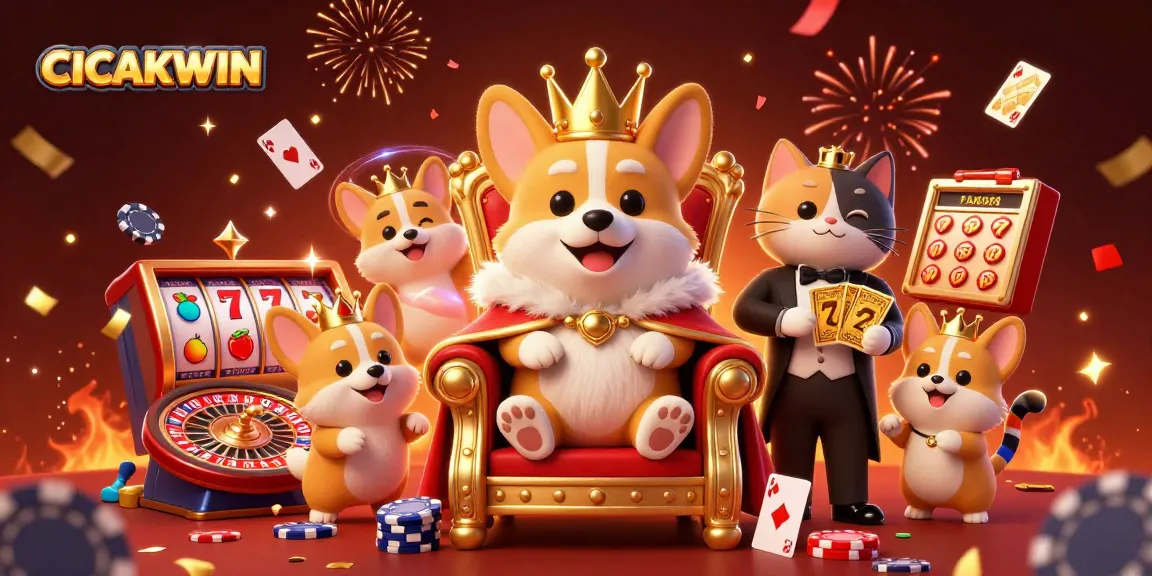 CICAKWIN celebrates thrilling gameplay with vibrant casino elements and a royal corgi theme.