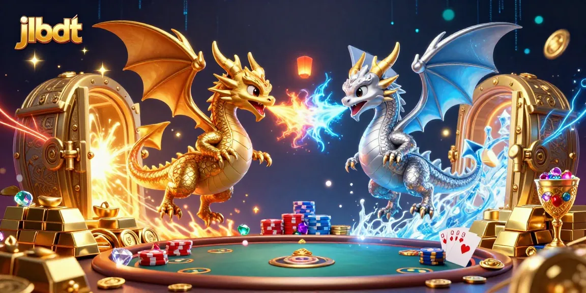 Experience thrilling gaming with jlbdt as gold and silver dragons soar amidst poker elements.