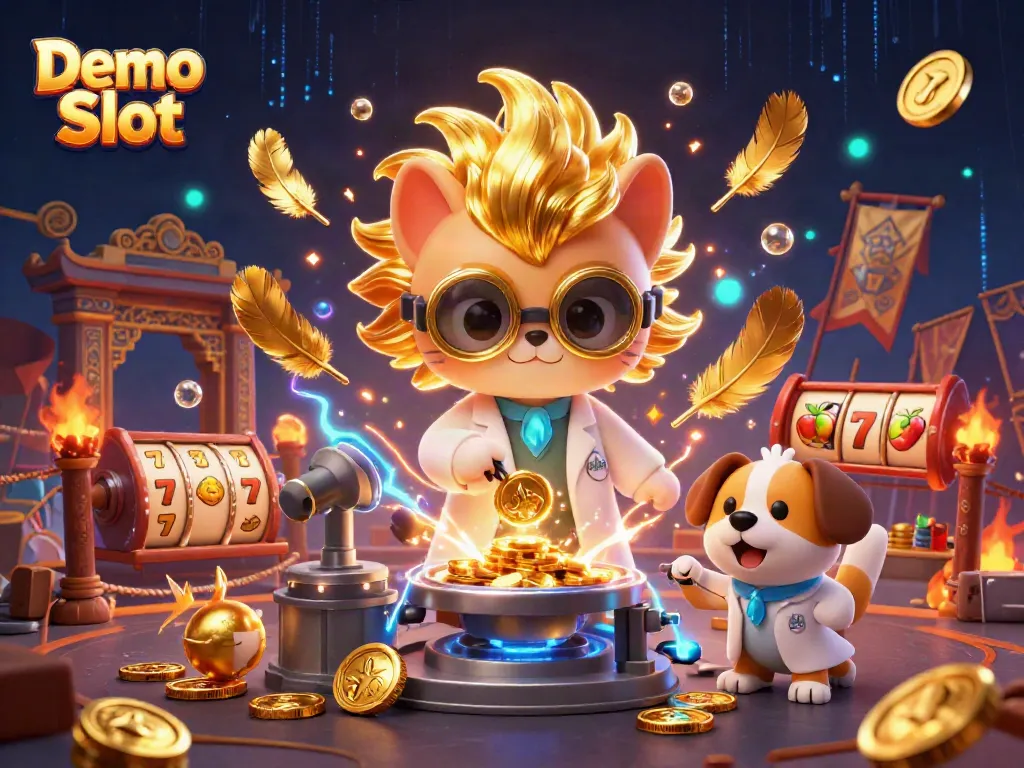 Play exciting Demo Slot games amidst vibrant casino-themed elements and dynamic characters.