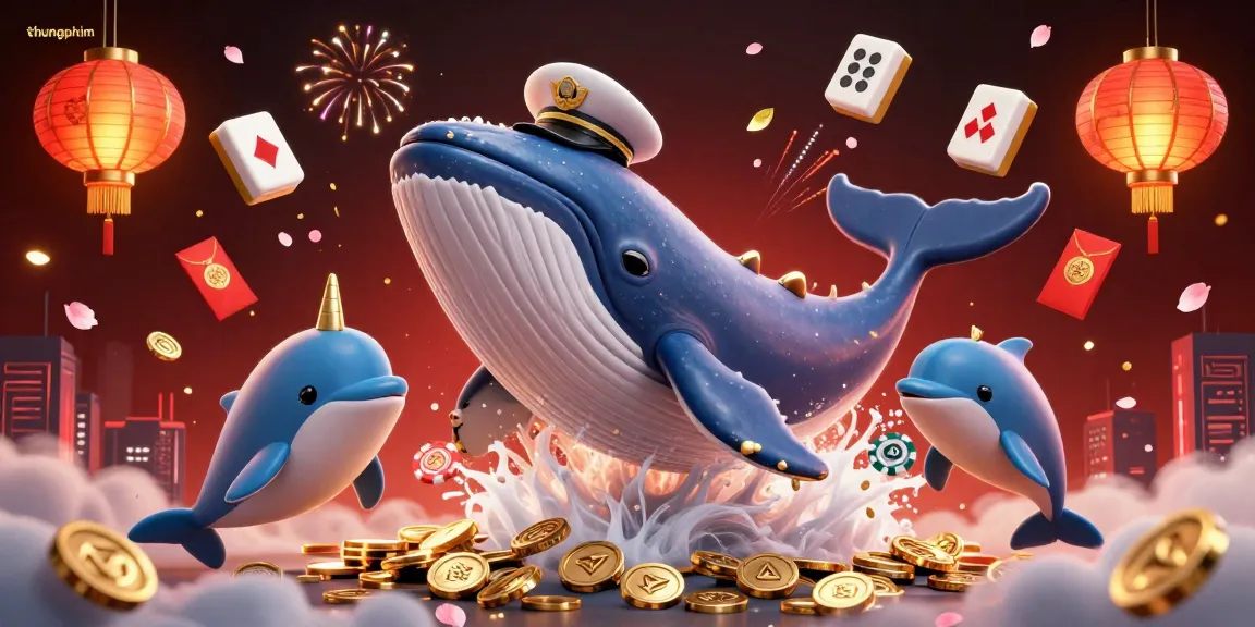 Engage in a vibrant thungphim scene with abundant casino-themed elements, showcasing a whale and playful dolphins.