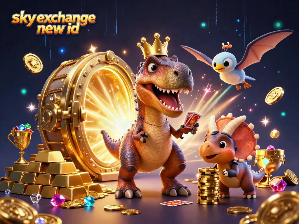 Engage like never before with the sky exchange new id as cartoon dinosaurs shuffle cards and stack chips in a vibrant casino scene.