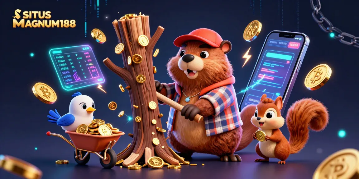 SITUS MAGNUM188 celebrates wins as a beaver chops a tree raining gold coins, enhanced by neon crypto elements.