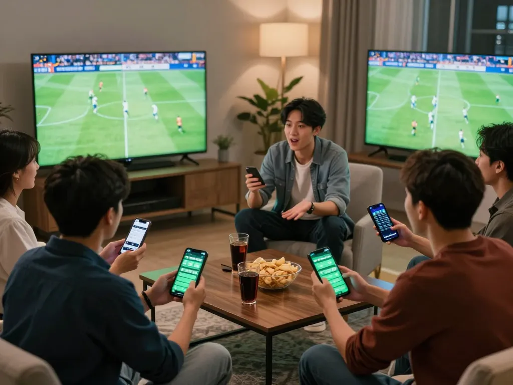 Engaging in sports betting with friends using apps while watching football, showcasing Keo nha cai excitement