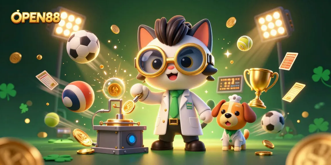 Engage in thrilling sports betting with OPEN88, led by a mad scientist cat and assistant dog crafting golden rewards.