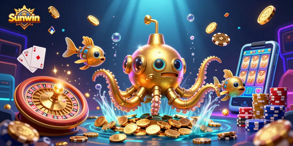 Experience Sunwin with a vibrant 3D illustration of winning moments in gambling featuring golden jackpots and exciting gameplay.