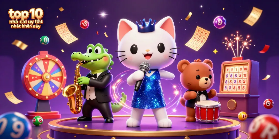 Experience the excitement of top 10 nhà cái uy tín nhất hiện nay with colorful lottery elements and energetic casino characters.