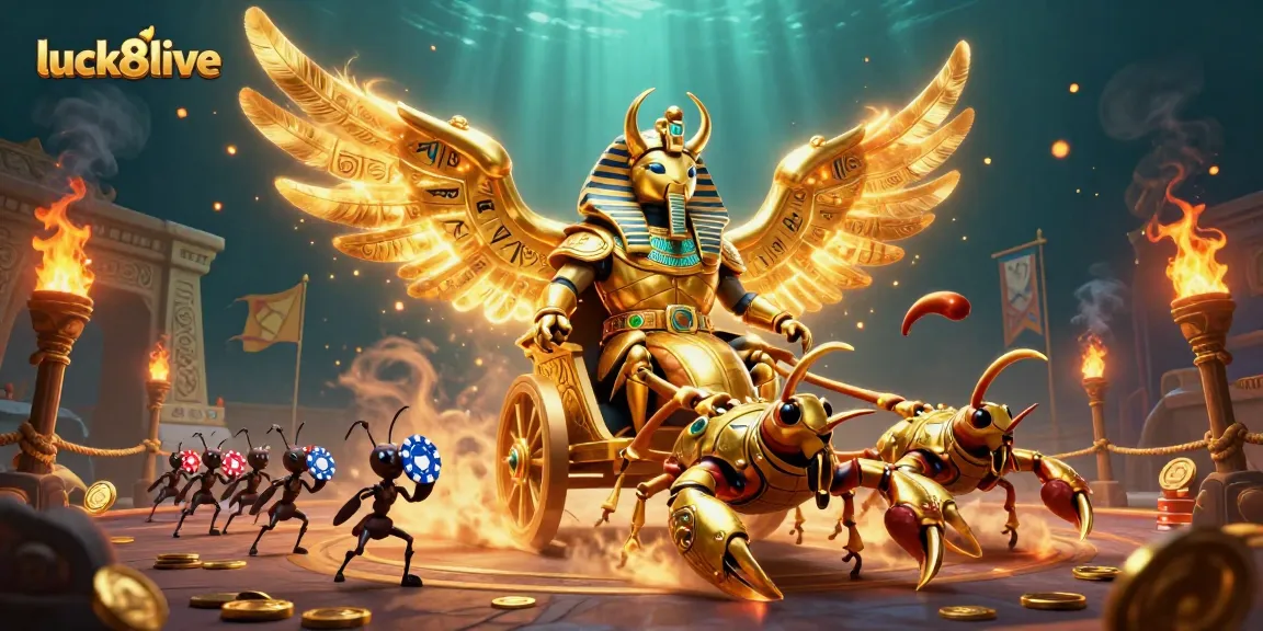 Dynamic gambling experience with luck8live featuring a golden scarab and scorpions amidst casino elements.