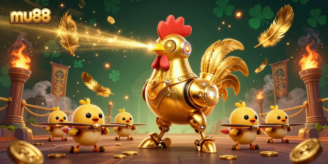 Experience thrilling bets at mu88 with a dynamic scene of a golden rooster robot and baby chick drones.