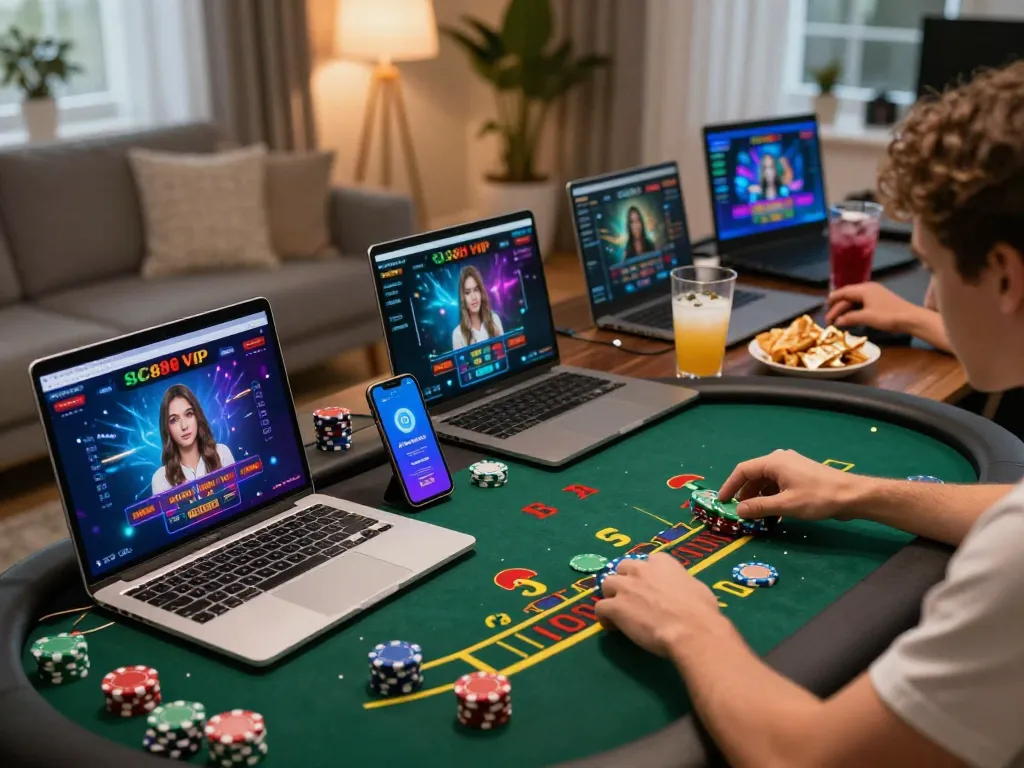 Engaged player exploring SC88 Vip online gaming on laptop and smartphone, showcasing immersive gameplay experience.