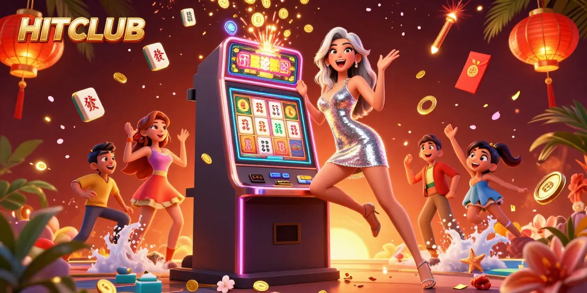 Win big at HITCLUB with joyful slot victory, golden coins fly around in a vibrant casino scene.