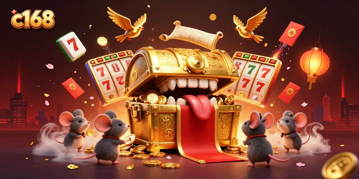 c168 players engaging with a golden treasure chest and vibrant slot game elements in a rich 3D illustration