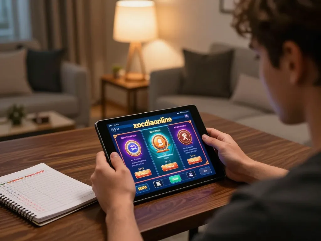 Engaging gameplay on xocdiaonline tablet in a cozy home setting with strategic notes nearby.