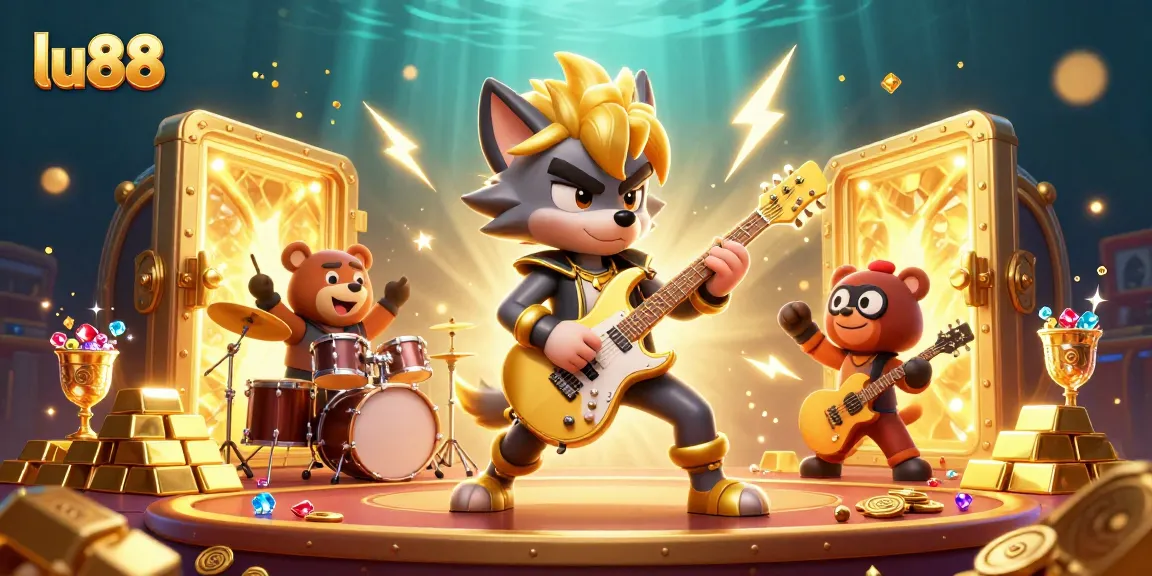 Experience excitement at lu88 with electrifying casino illustrations featuring gold treasures and rock star characters.
