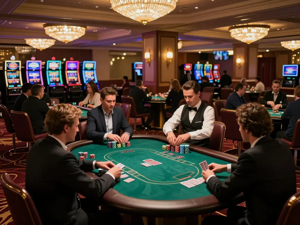 Players enjoying their time at nhà cái MAX88's engaging poker tables in a vibrant casino setting.