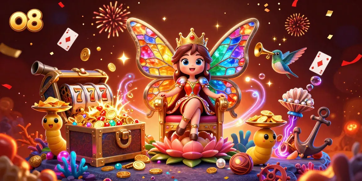 Experience the vibrant excitement of o8 casino with a dazzling butterfly queen and animated gaming elements.