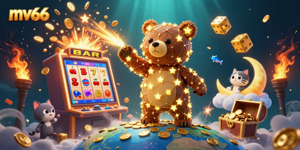 Experience the excitement of mv66 as a constellation bear scoops coins while winning big in this vibrant casino scene.
