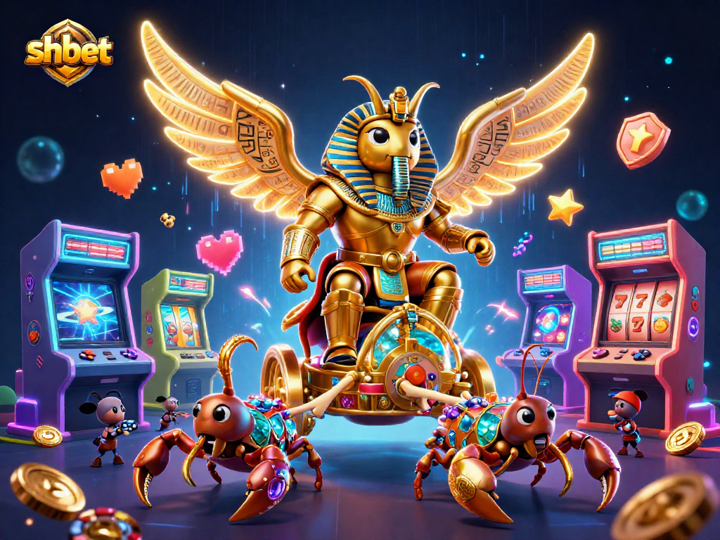 Experience winning strategies at shbet with a vibrant illustration featuring a golden scarab beetle and casino elements.