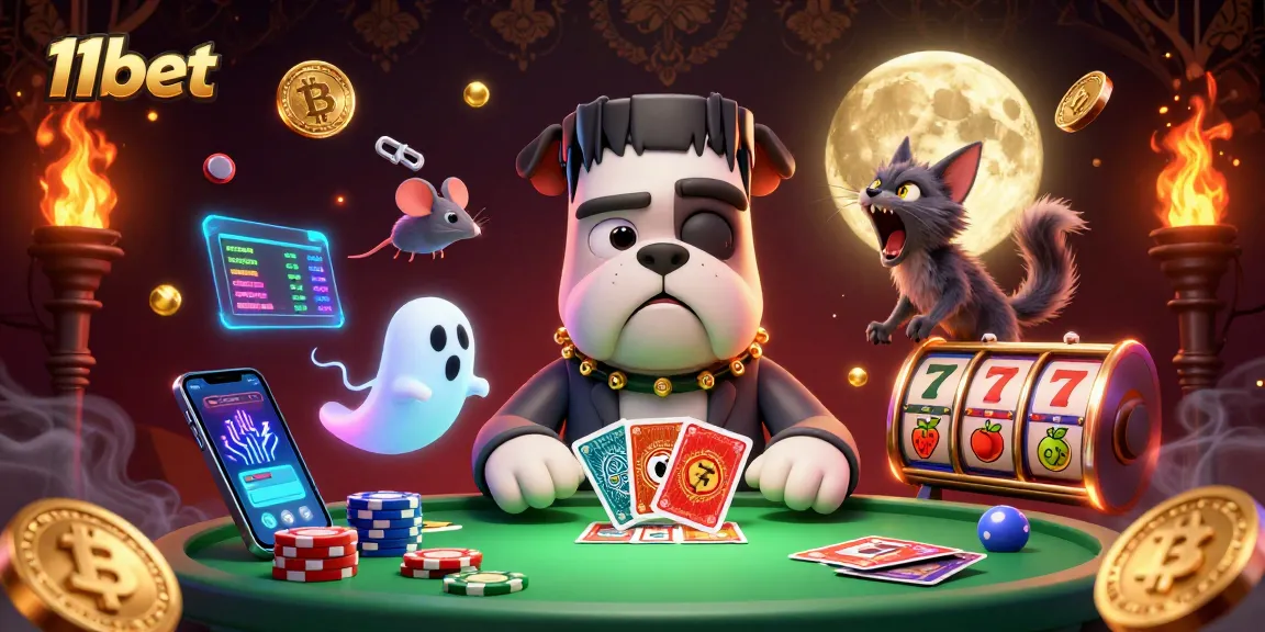 Engage with interactive gaming at 11bet, featuring a playful illustration of a bulldog dealer and mesmerizing crypto elements.