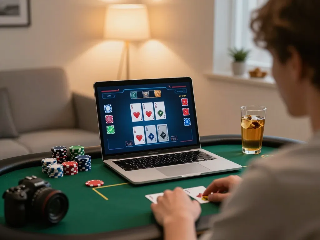 Kwin player strategizing with poker interface on a laptop, highlighting online gaming environment.