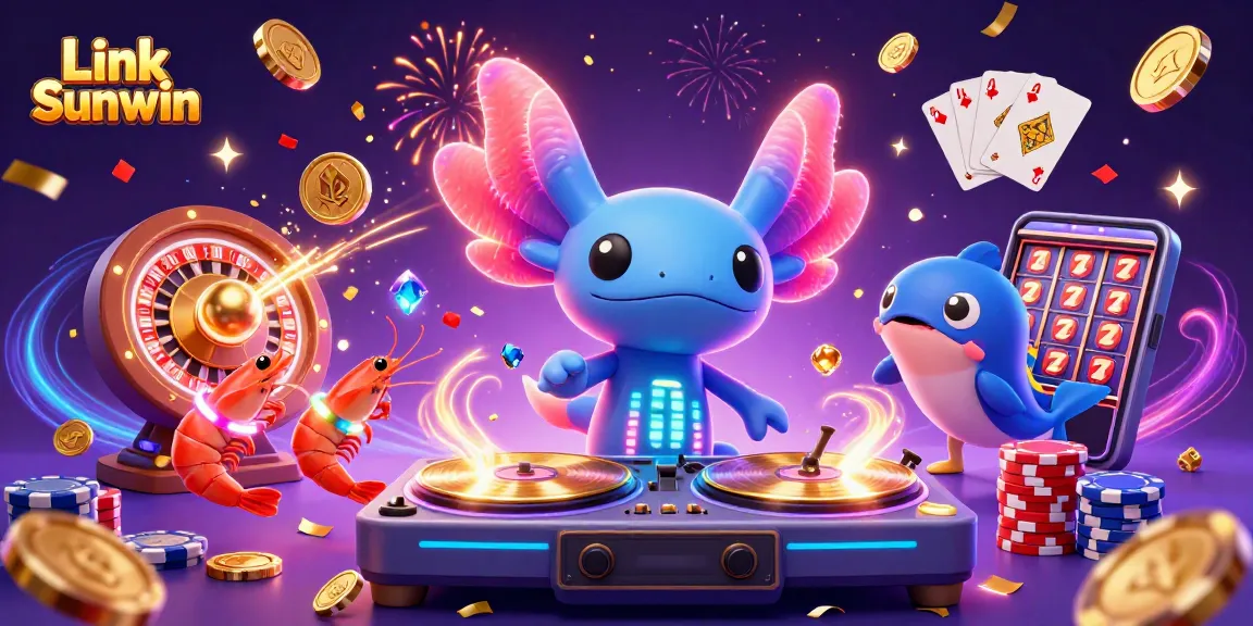 Engage with Link Sunwin's vibrant gaming scene featuring an axolotl DJ and dynamic casino elements.
