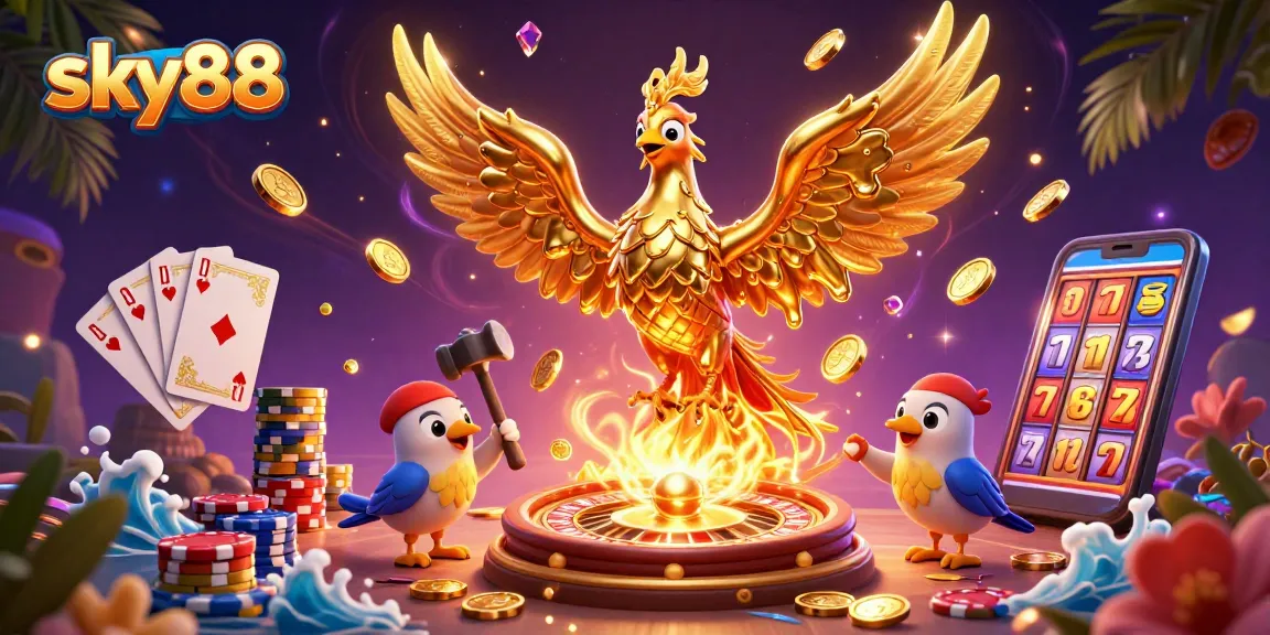 Watch the sky88 golden phoenix symbolize triumph in a vibrant casino scene filled with rewards.