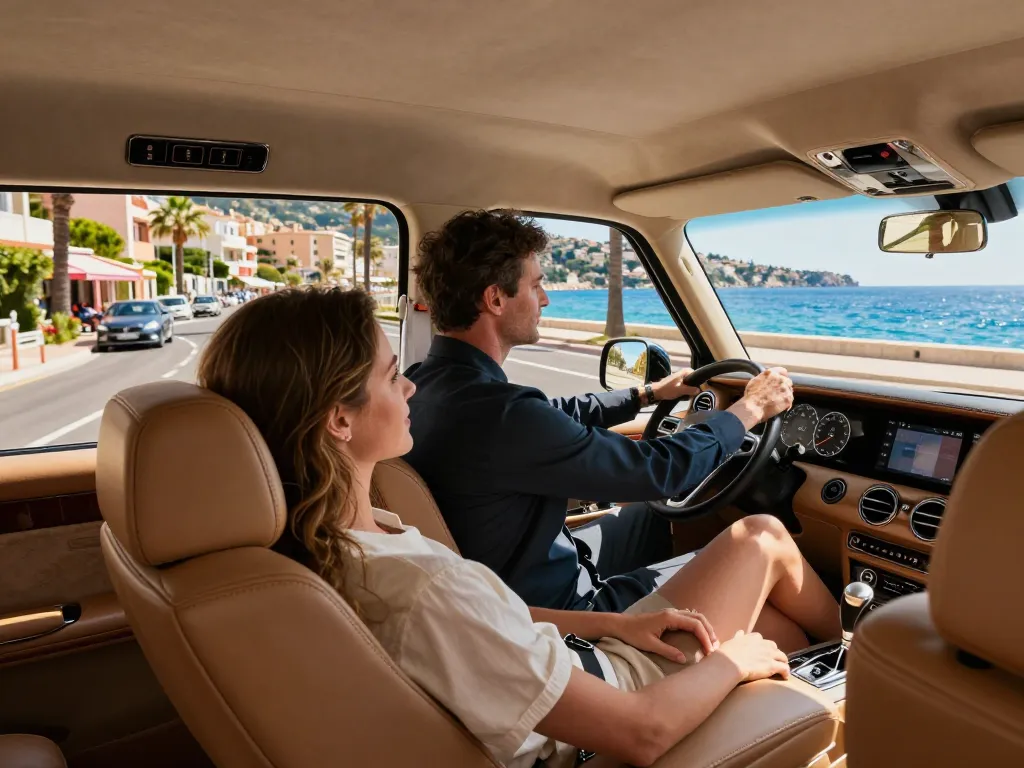 Course en taxi de luxe à travers Saint-Tropez avec chauffeur professionnel et vues côtières époustouflantes.