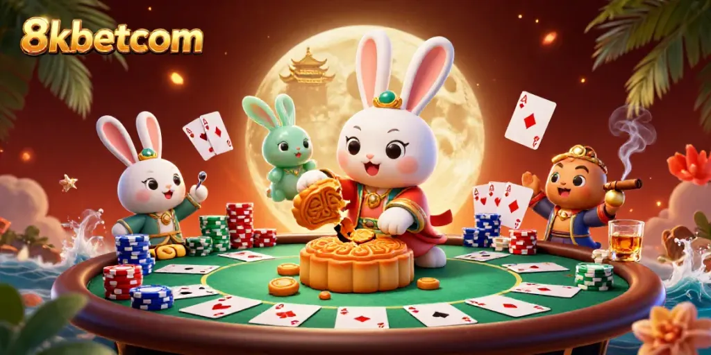 Experience thrilling gameplay with 8kbetcom's festive illustration of lucky moon rabbits amidst a vibrant casino atmosphere.