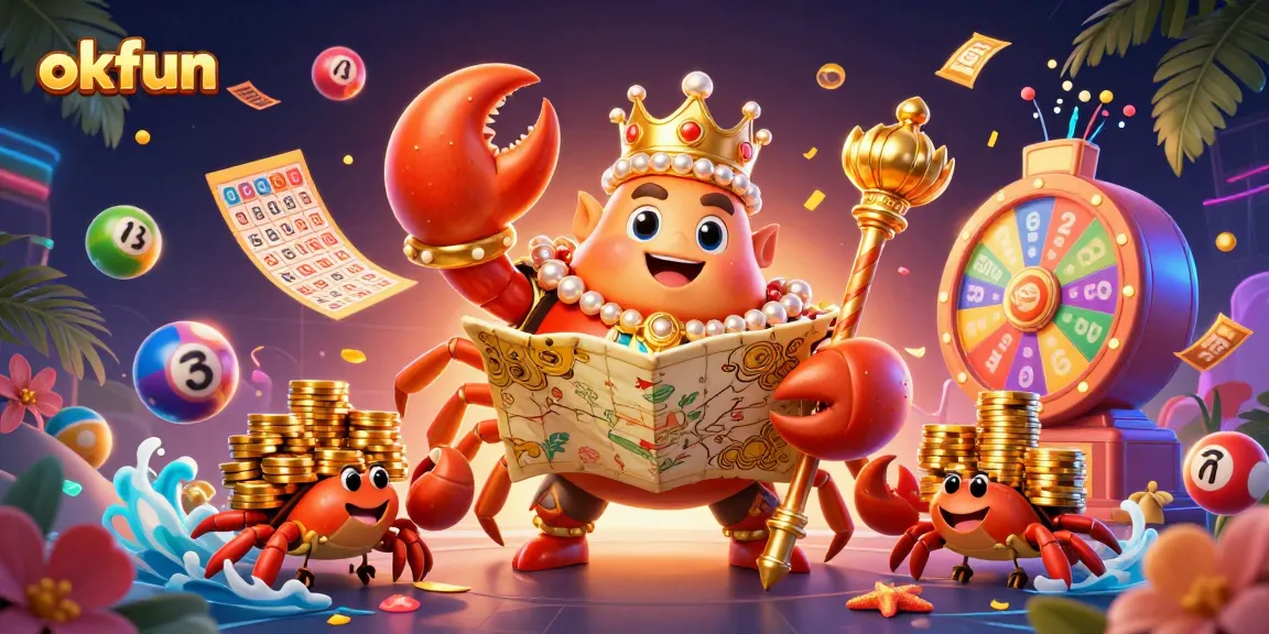Join the excitement at okfun with vibrant lottery elements and a majestic crab emperor in a dynamic digital illustration.