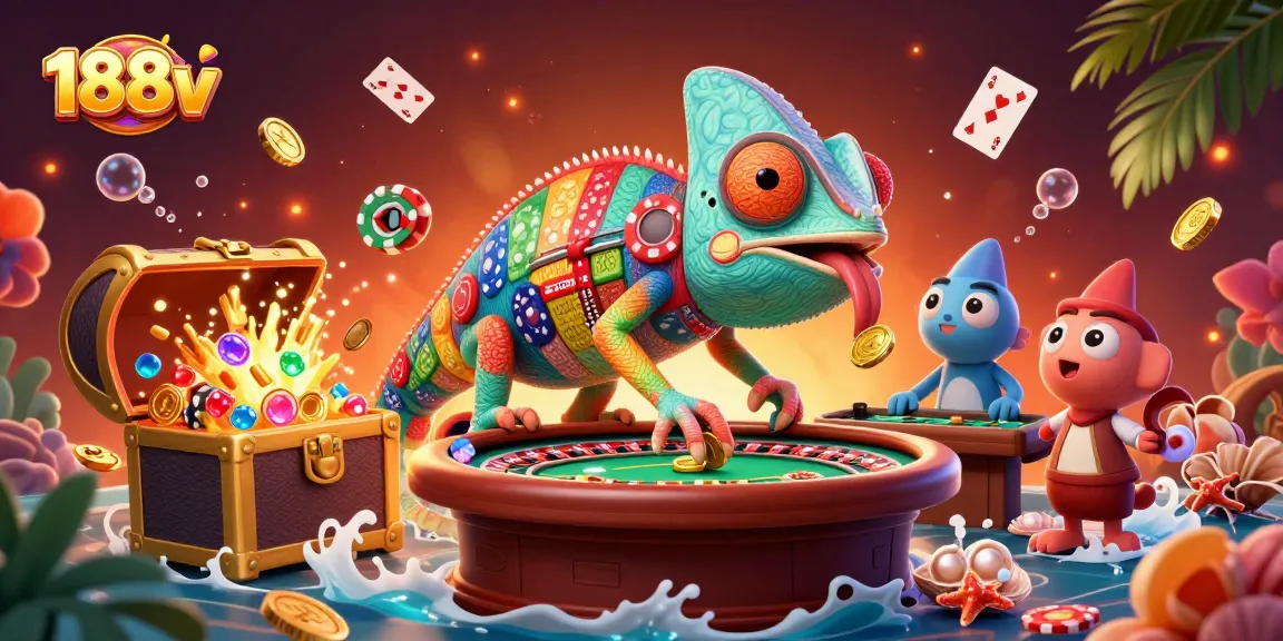 Experience thrilling gameplay at 188v with a dynamic scene featuring a colorful casino owner and vibrant gaming elements.