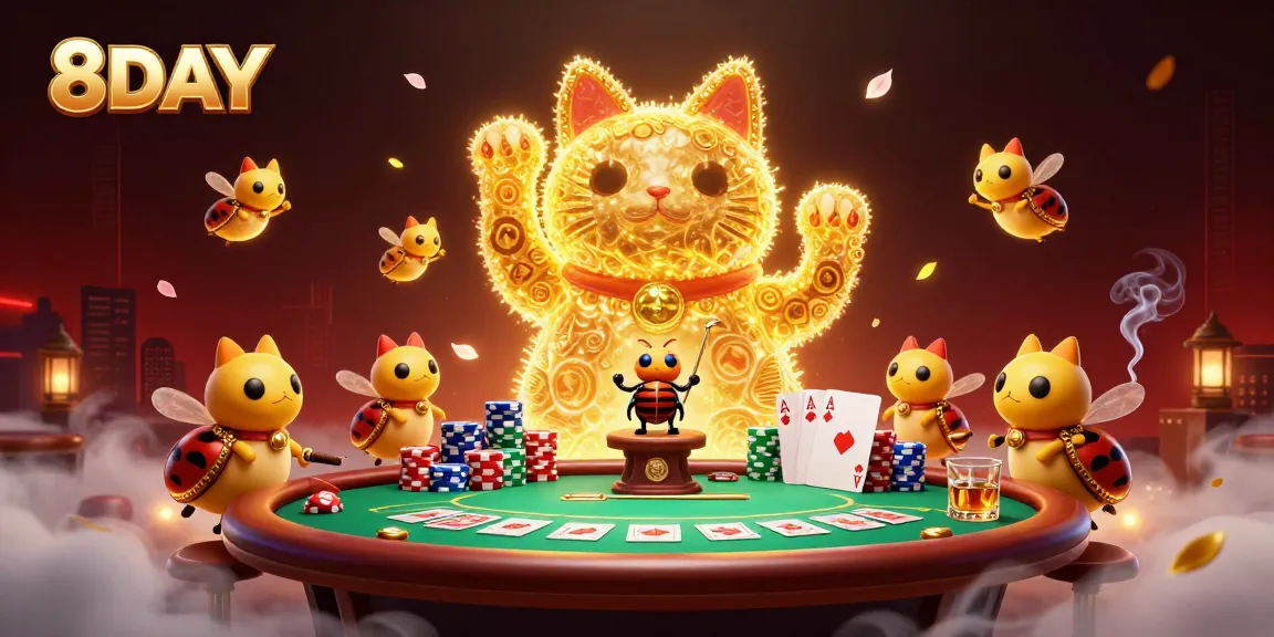 Experience the adventure at 8DAY as the lucky cat and fireflies enhance your casino journey.