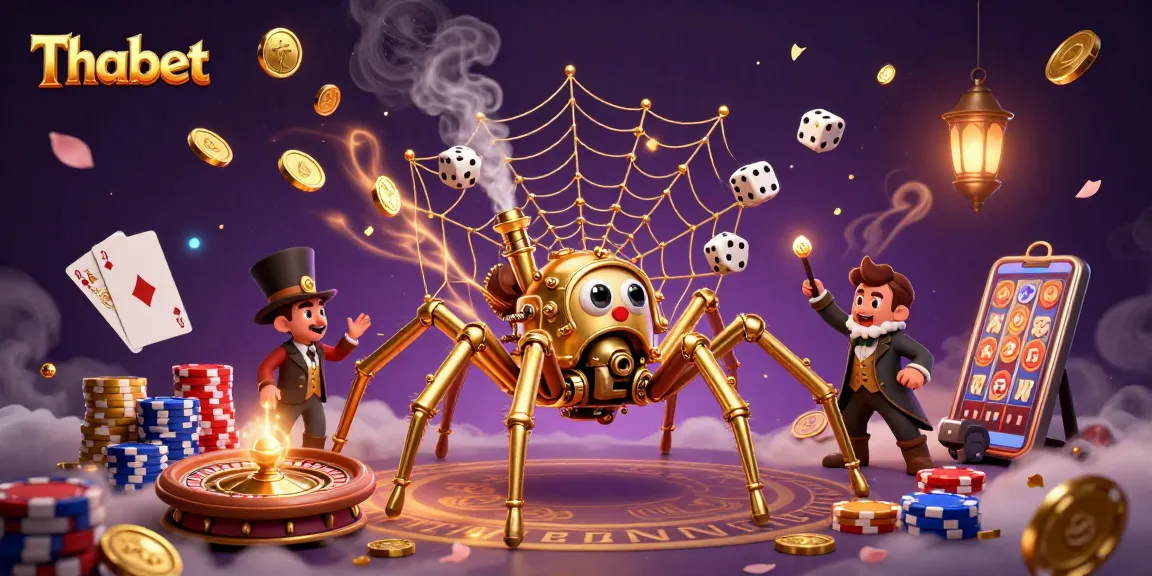 Experience the thrill of Thabet with a steampunk spider catching dice and cascading coins.