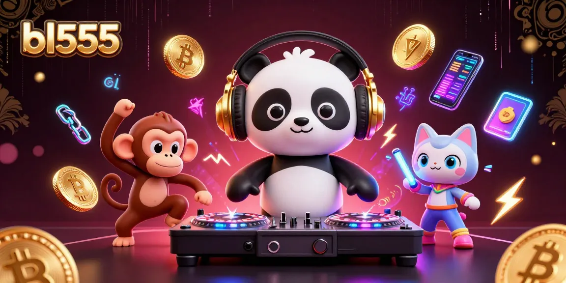 Experience excitement at bl555 with a vibrant DJ panda, breakdancing monkey, and rave kitten in a casino-themed illustration.