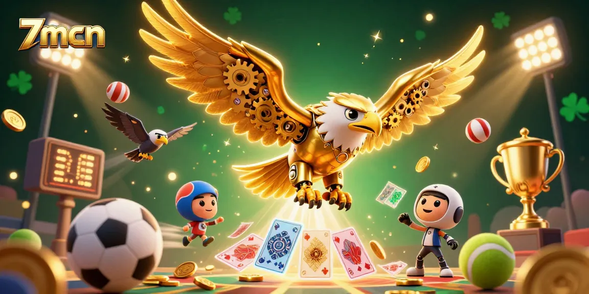 Experience the thrill of 7mcn with a cybernetic golden eagle diving through vibrant playing cards.