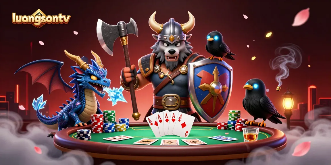 Engage with thrilling poker moments at luongsontv featuring a Viking wolf, dragon, and poker elements.